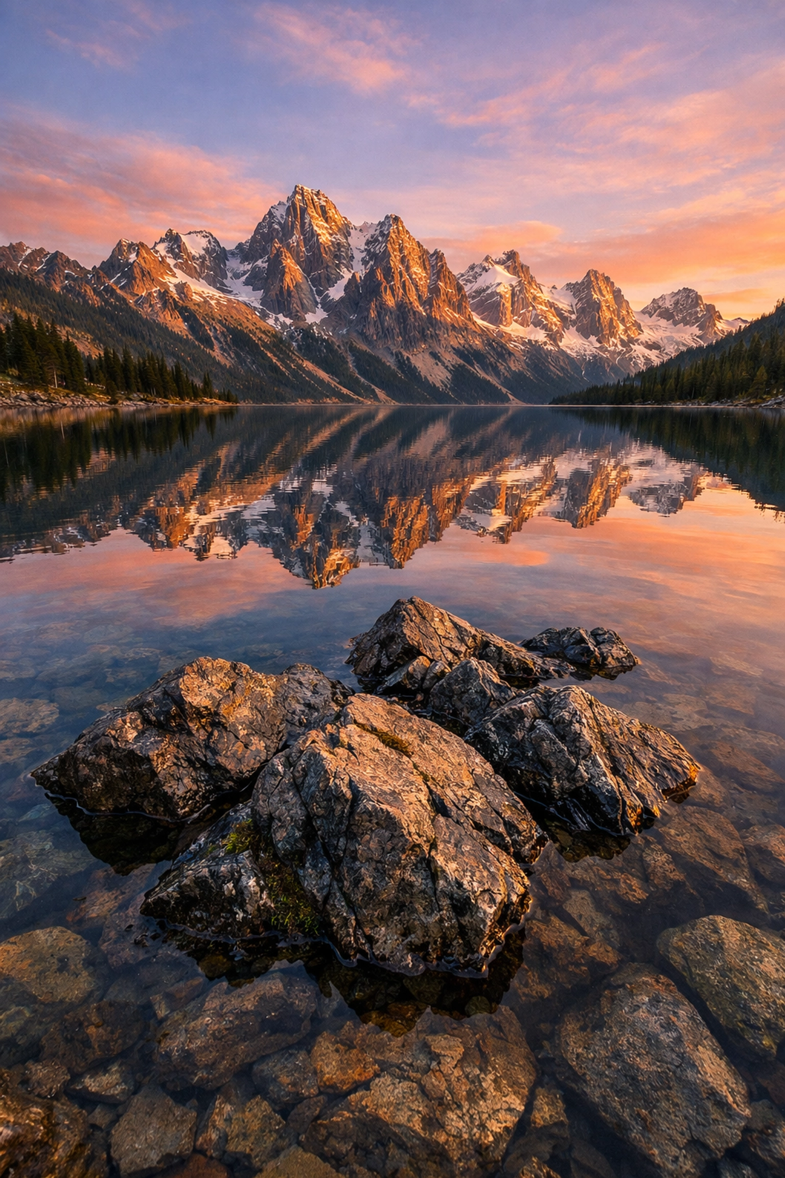 Wide-angle landscape photography of an alpine lake with sharp foreground rocks and mountain reflections.