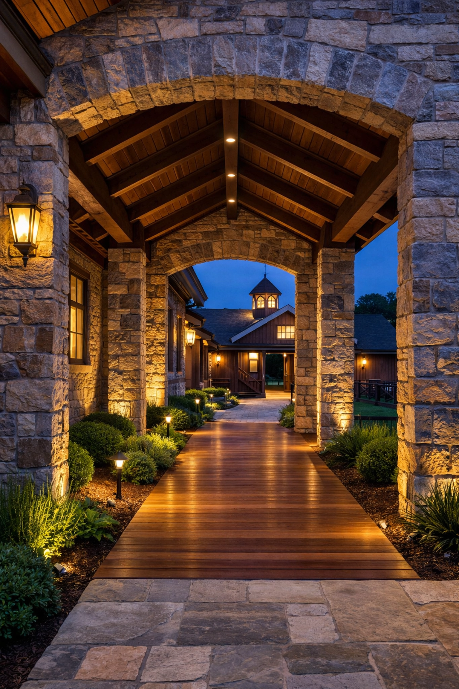 Covered breezeway connecting luxury home to custom barn facility at Marvin NC equestrian estate