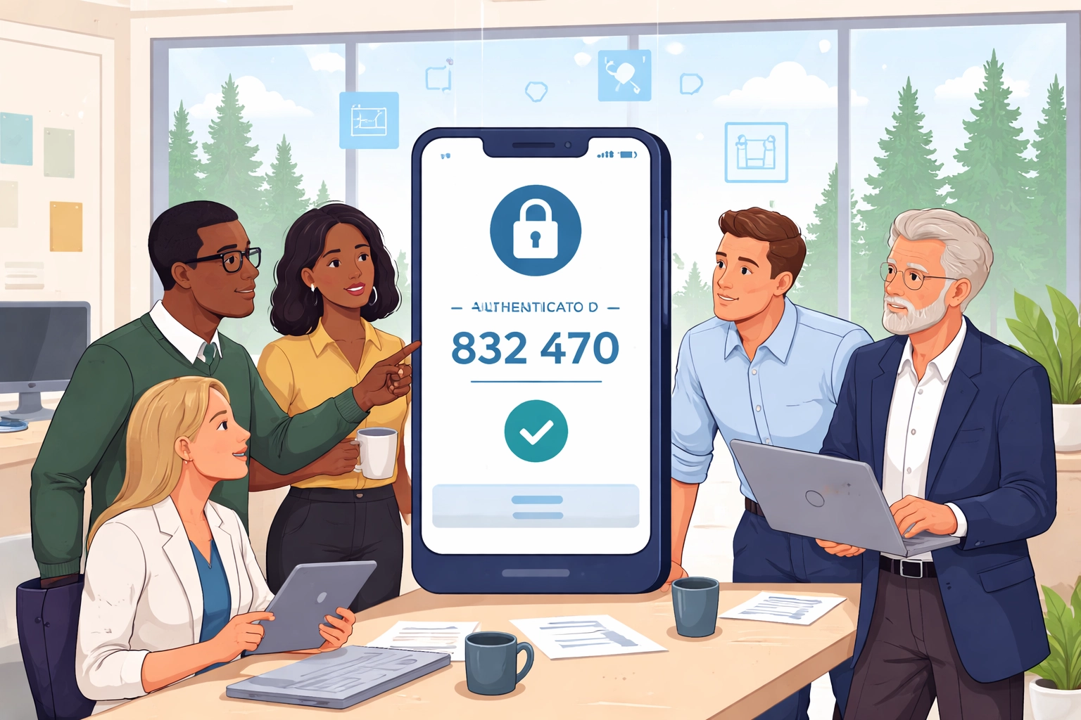 Business team in Northern Michigan setting up Microsoft MFA authentication on smartphone for office security.