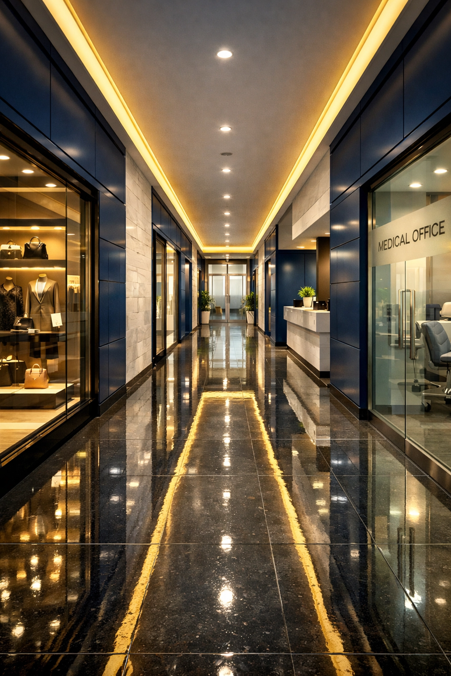Pristine commercial hallway in East Longmeadow with sanitized high-gloss flooring for medical offices.