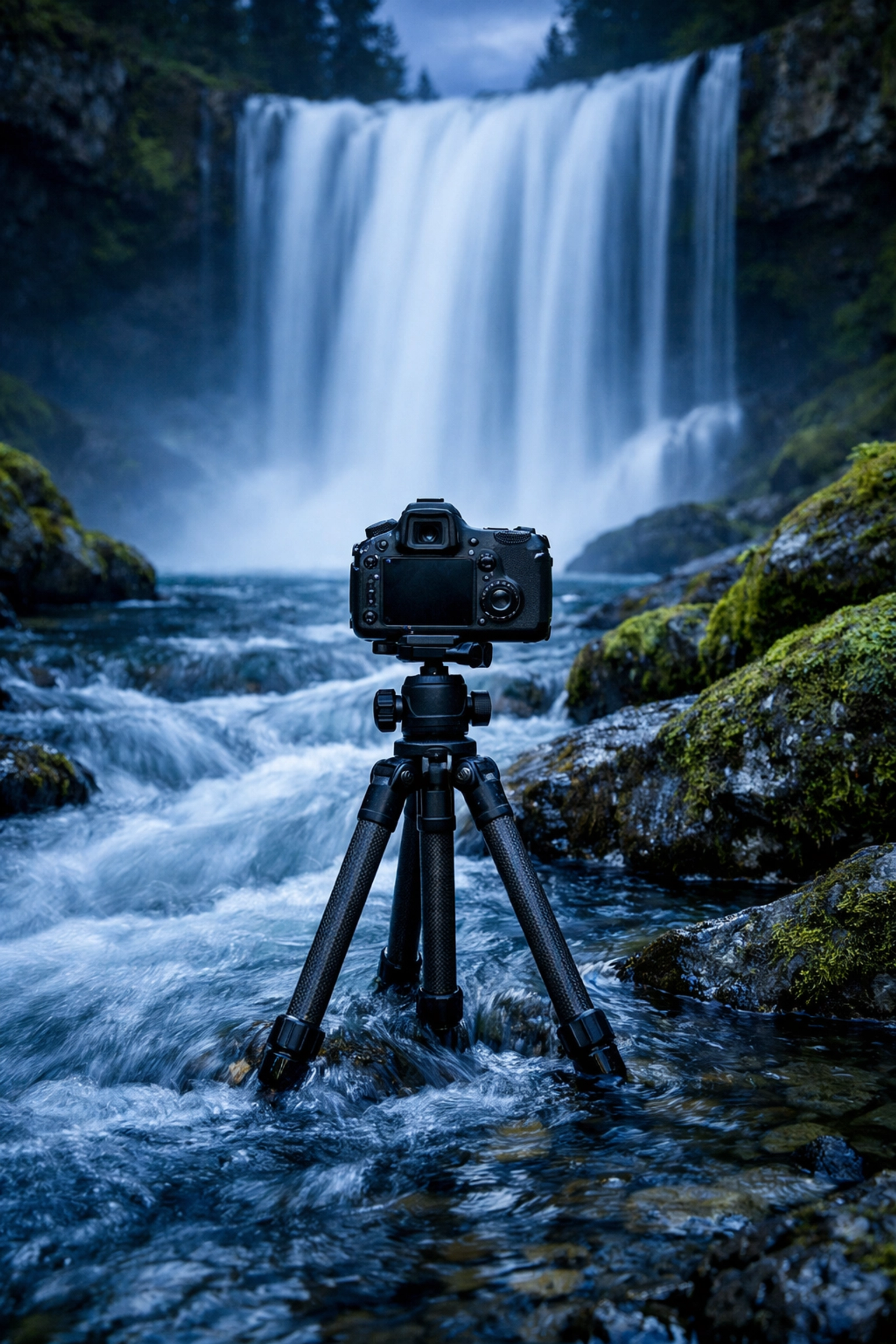 Sharp long exposure of a waterfall taken on a tripod using manual mode for stability.