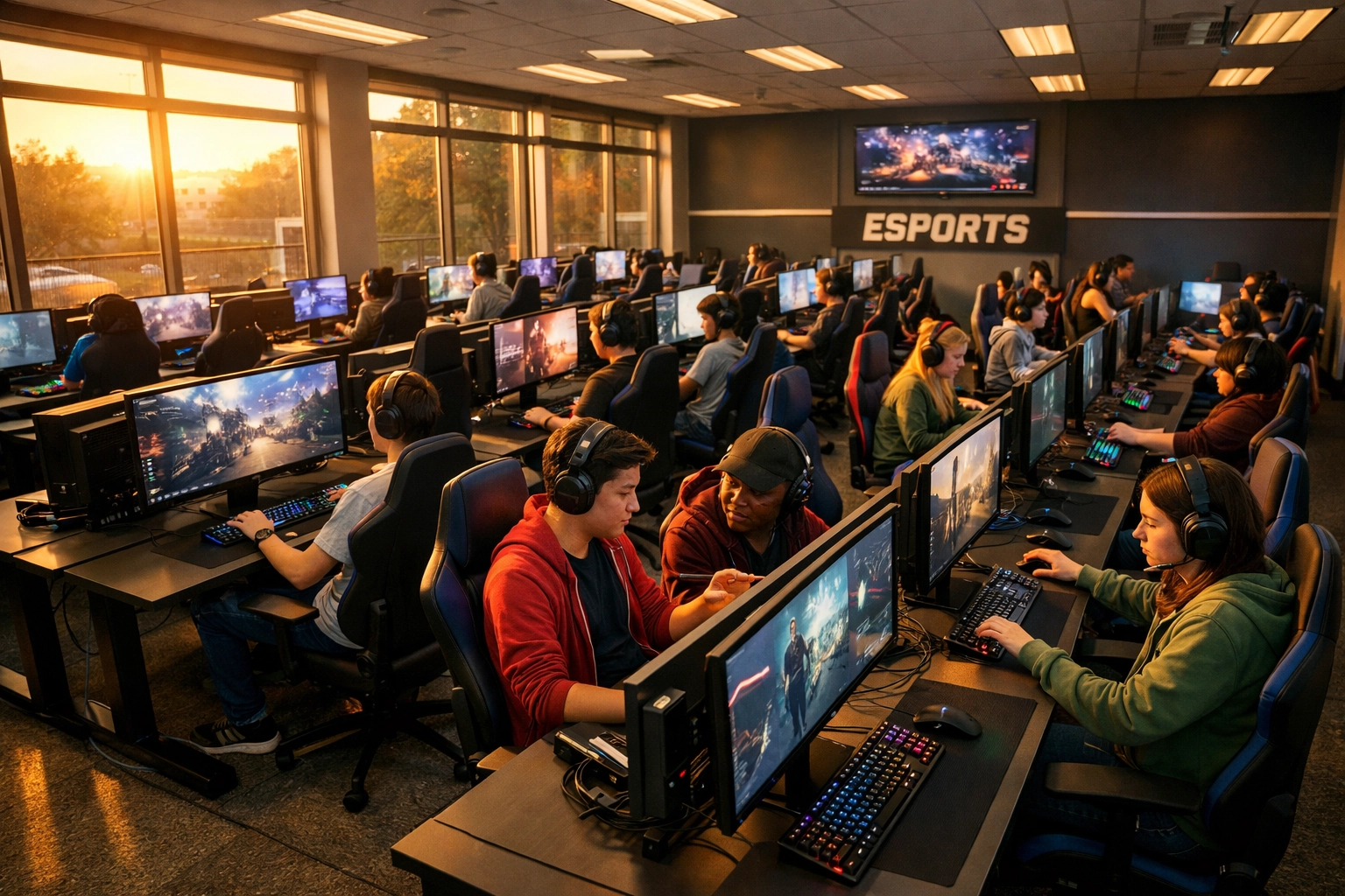 High school esports training facility with professional gaming equipment for educational programs