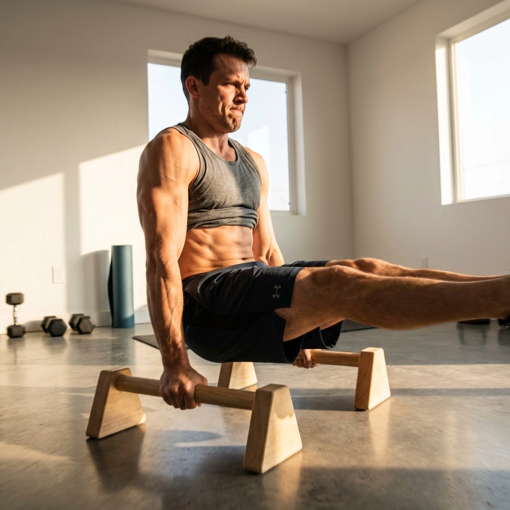 Athlete performing an L-sit on parallettes in a modern home gym, demonstrating advanced bodyweight strength exercises.