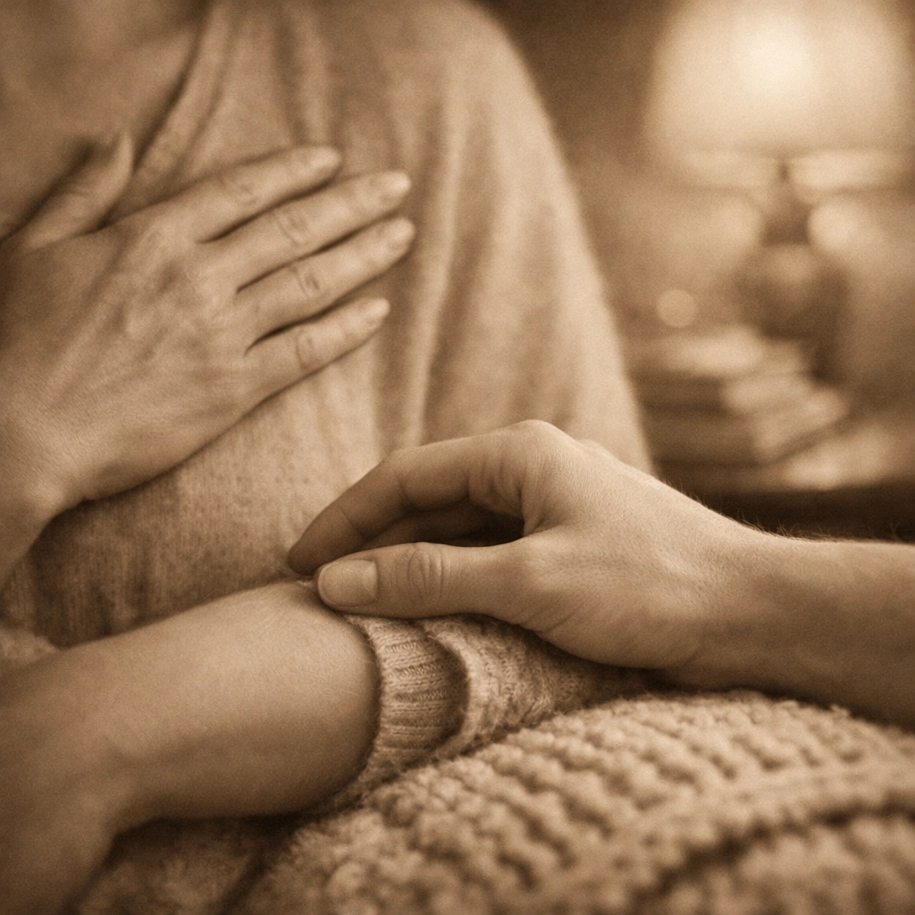 Close-up of hands touching in a warm setting, symbolizing emotional intelligence and self-regulation in relationships.