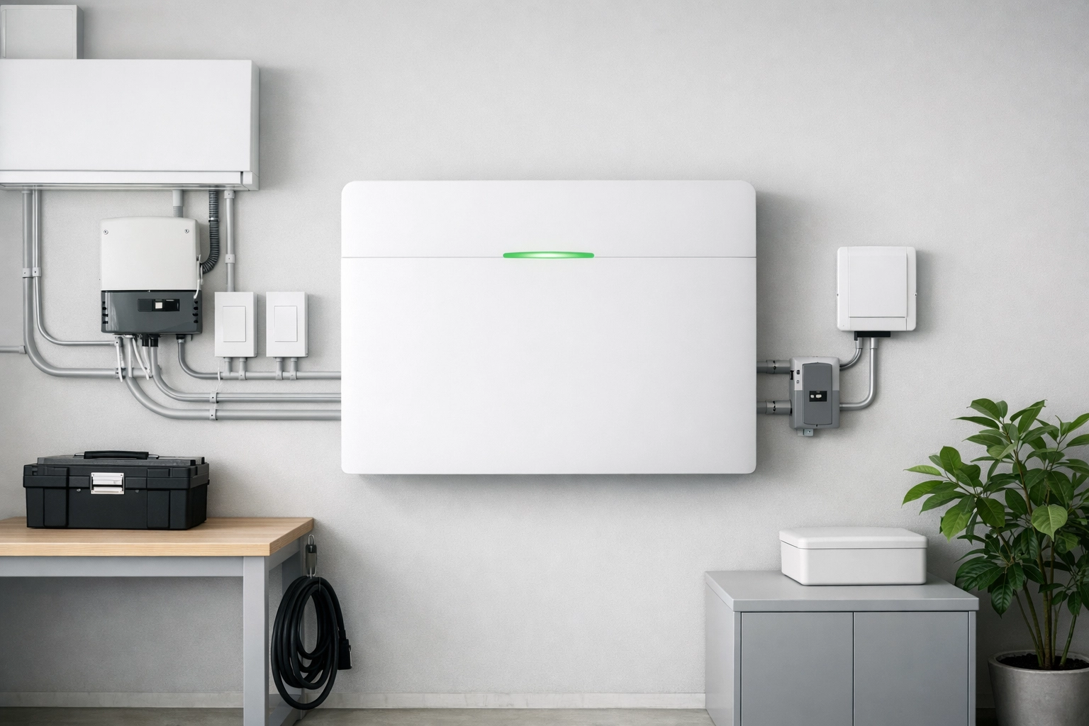 A modern white home battery storage unit installed in a clean utility room for 24/7 energy security.