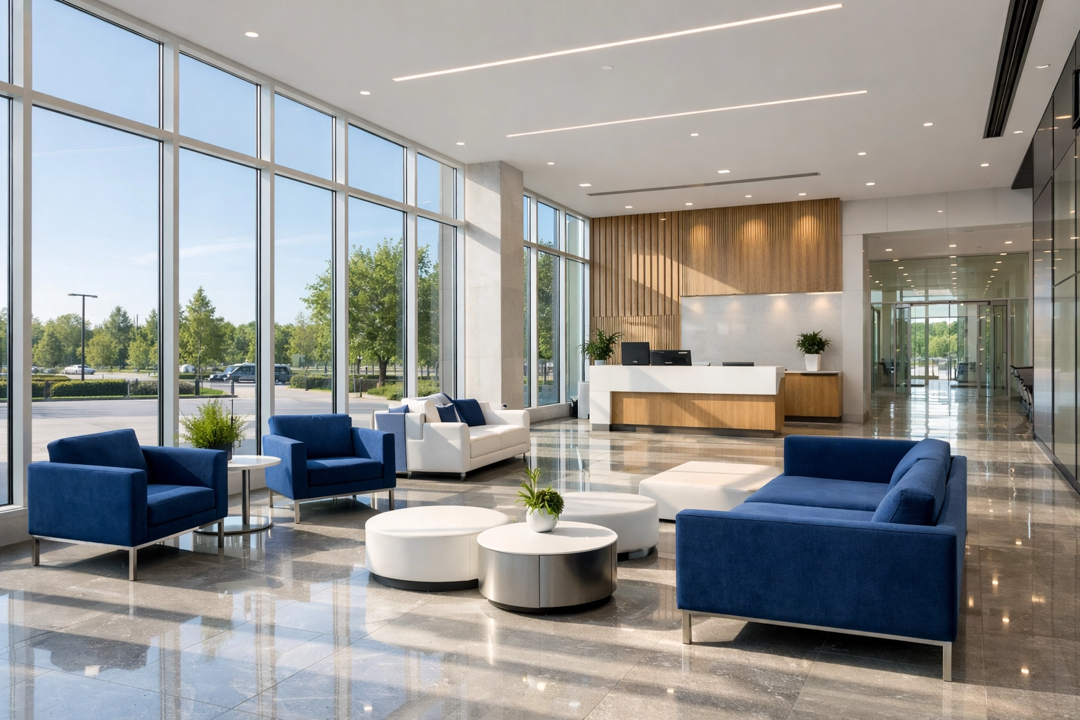 Spotless commercial lobby in Leominster with polished stone floors after professional post construction cleaning.