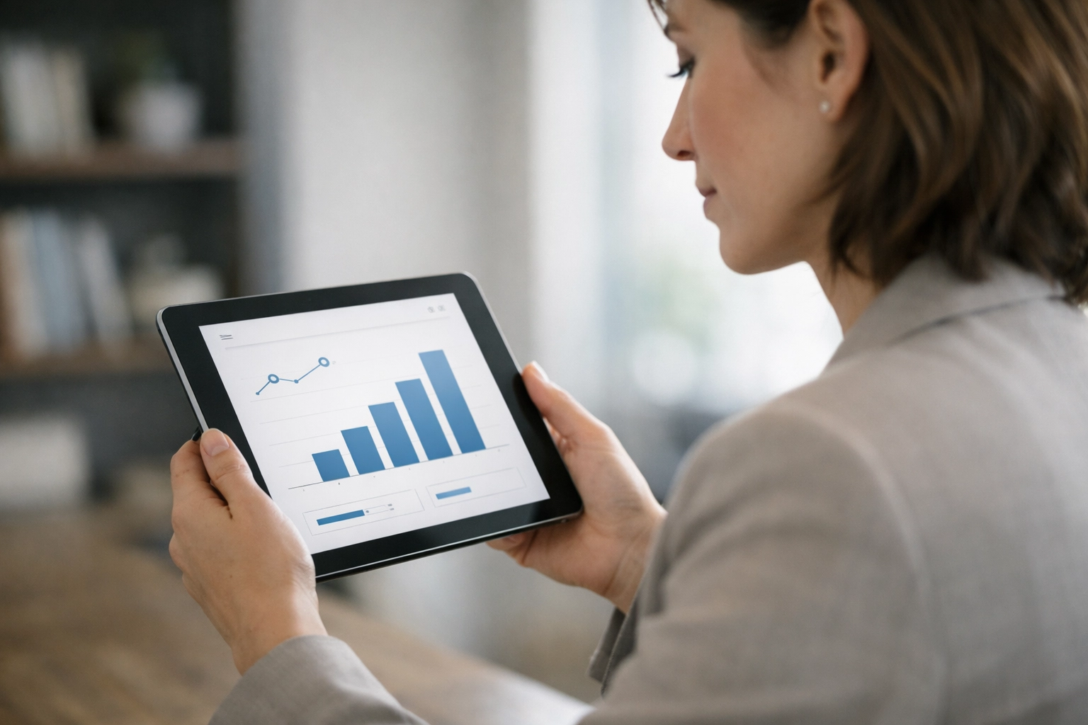 Professional reviewing a custom CRM workflow dashboard on a tablet to track business growth and lead data.