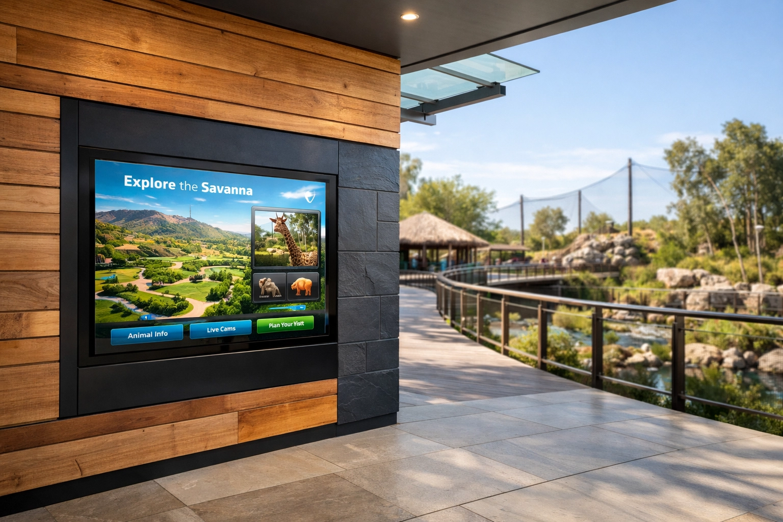 Modern zoo interactive digital kiosk demonstrating advanced visitor engagement and visual identity.