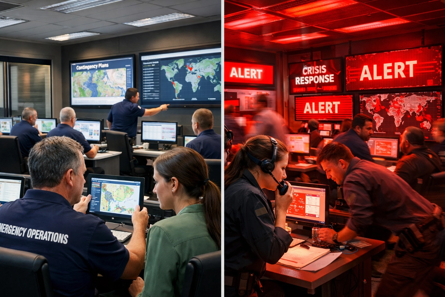 Emergency operations center showing contingency planning and crisis response protocols
