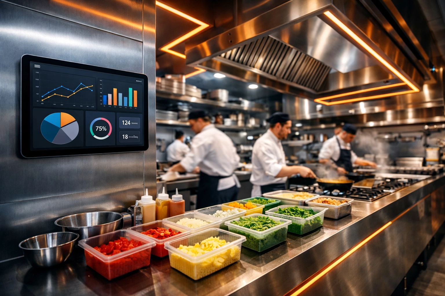 Modern restaurant kitchen with AI technology and data dashboards