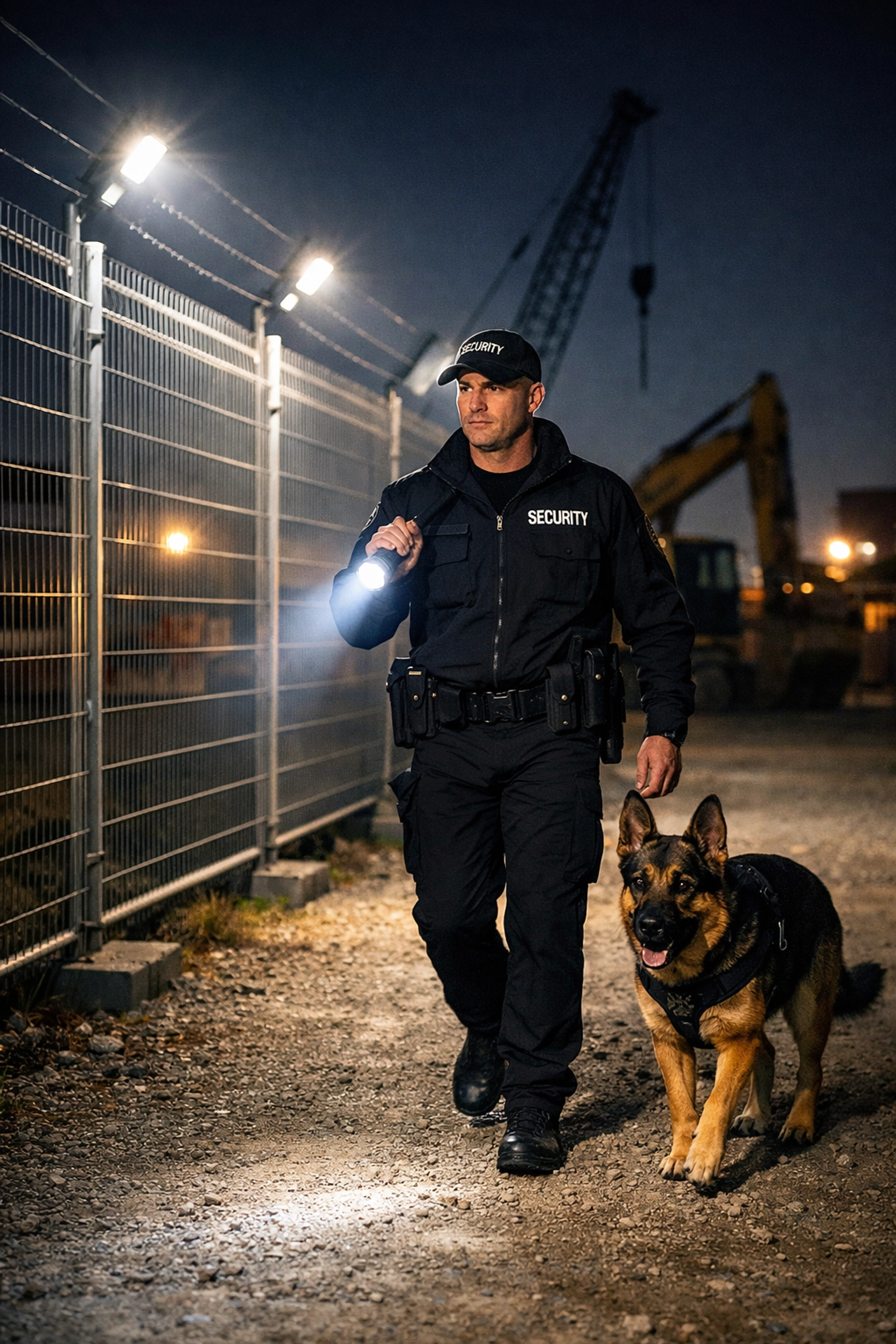 Professional security guard with K9 dog conducting nighttime patrol at illuminated construction site