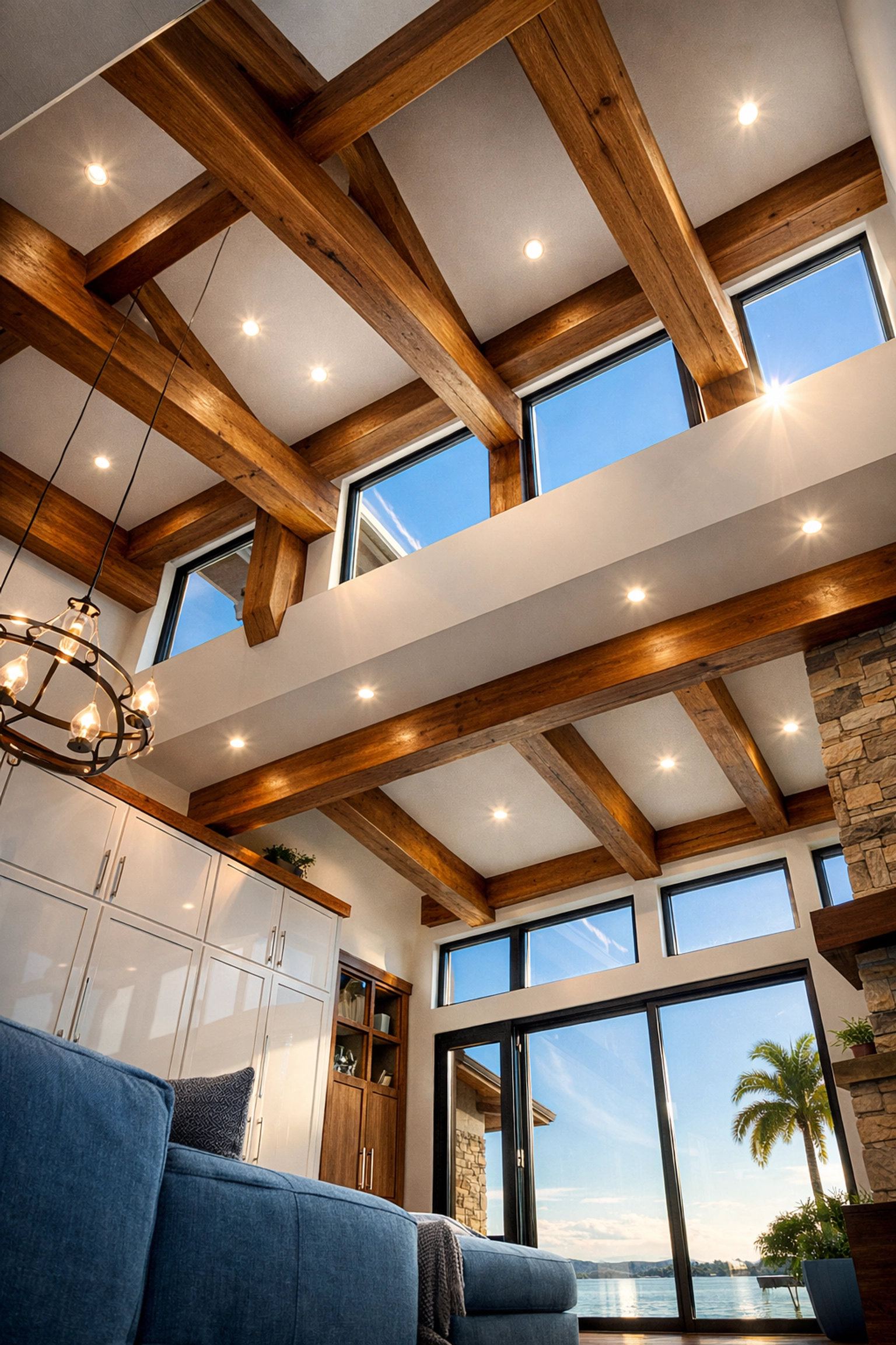 High ceilings and clean architectural beams in a luxury Winchester waterfront home Great Room.