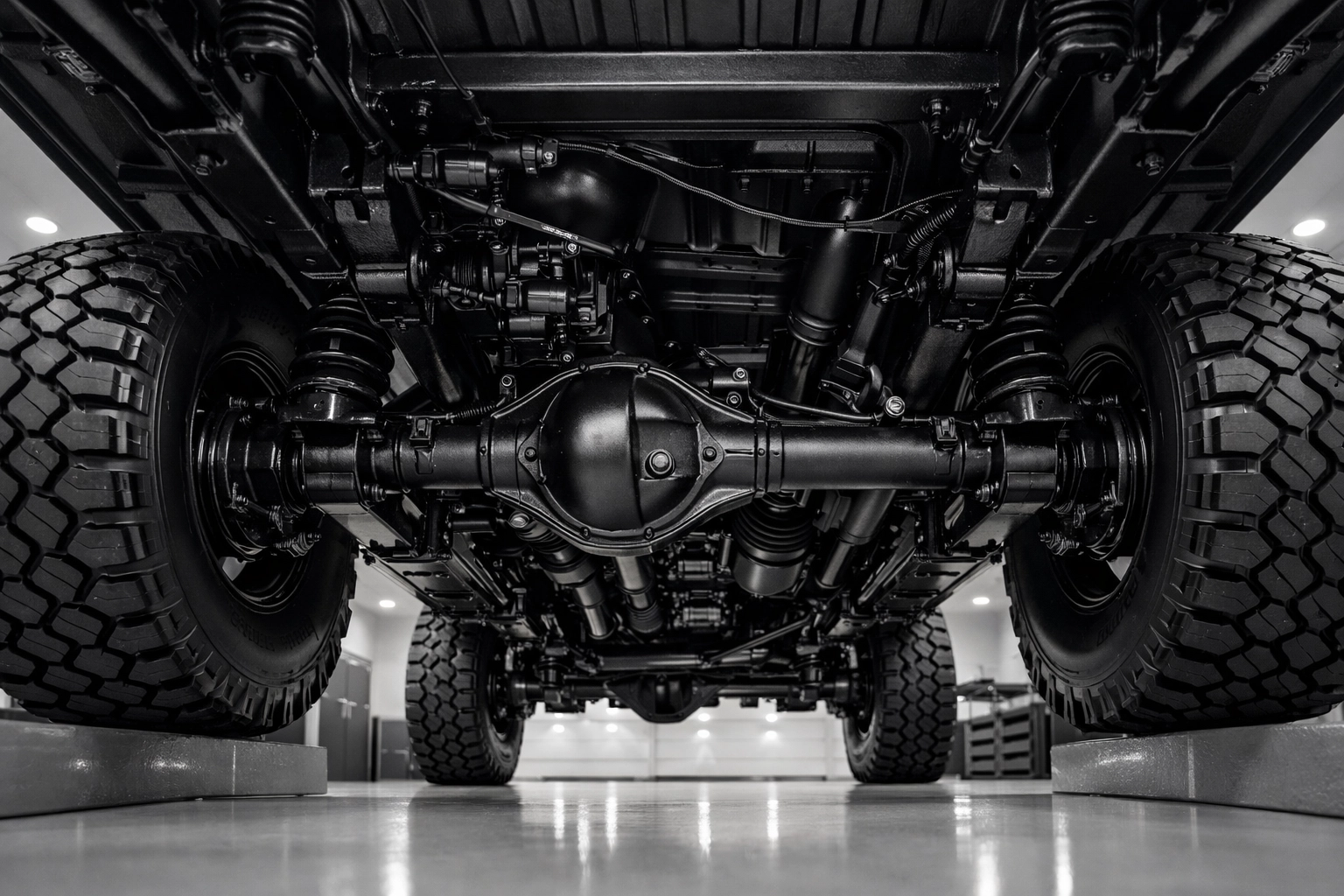 Fully treated 4x4 chassis with matte-black Dinitrol undercoating for superior car underbody protection.