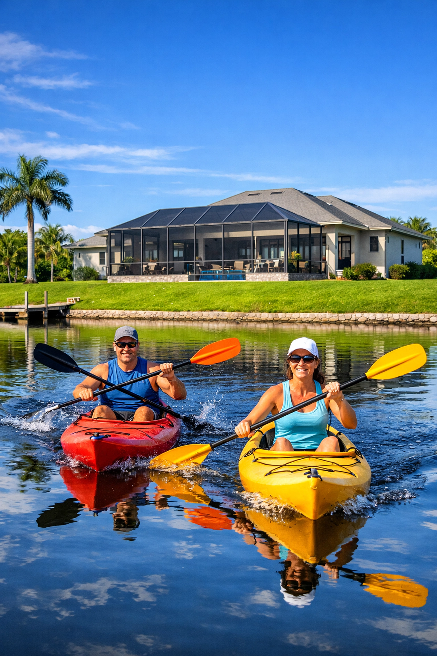 Kayaking on a Northeast Cape Coral canal behind a new modern home in a growing neighborhood.