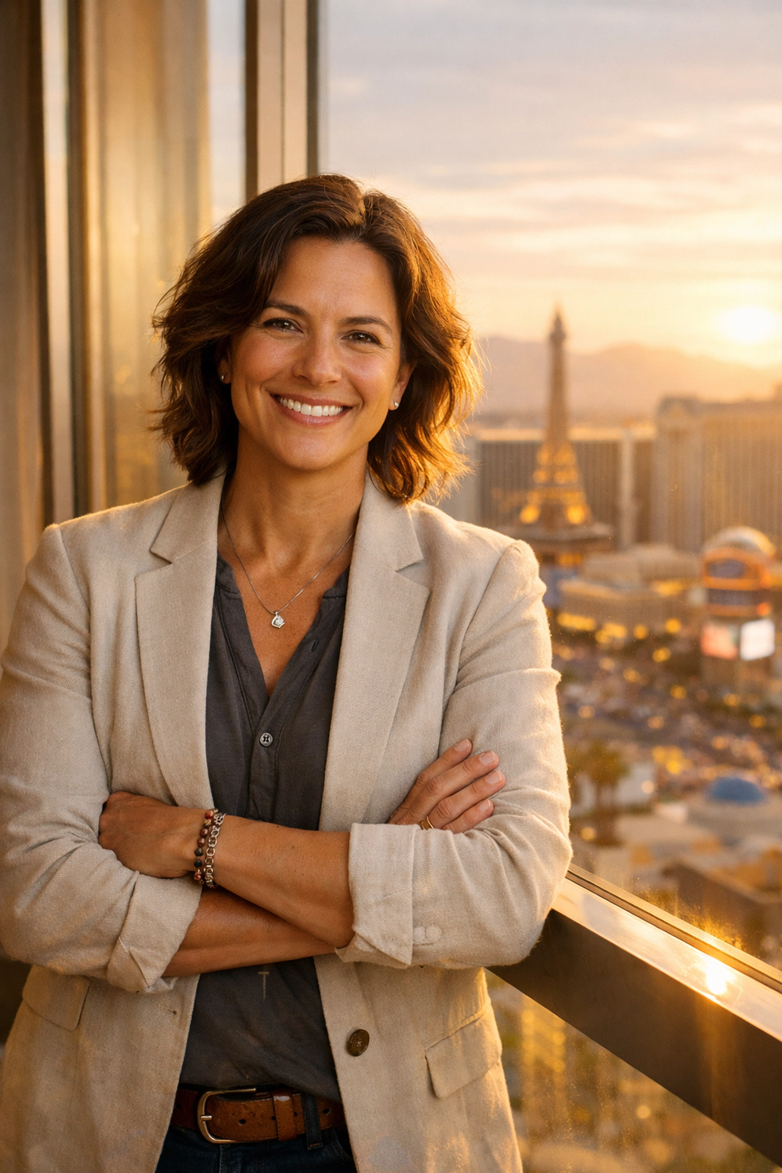 Confident professional with healthy hair overlooking Las Vegas skyline