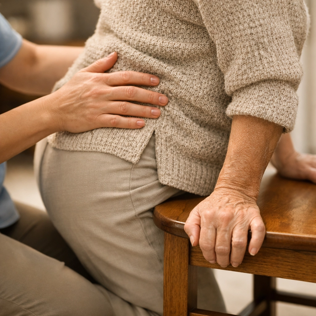 Caregiver hands supporting senior's back and hip while preparing to stand using chair