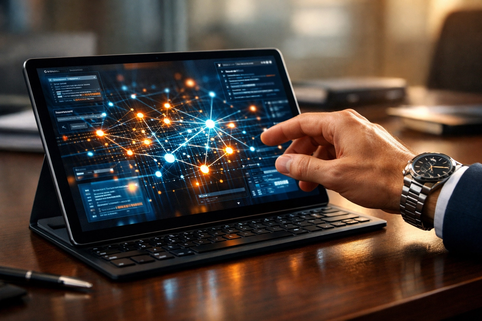 Digital data trail on a tablet used for tracing hidden assets and workplace fraud investigations.