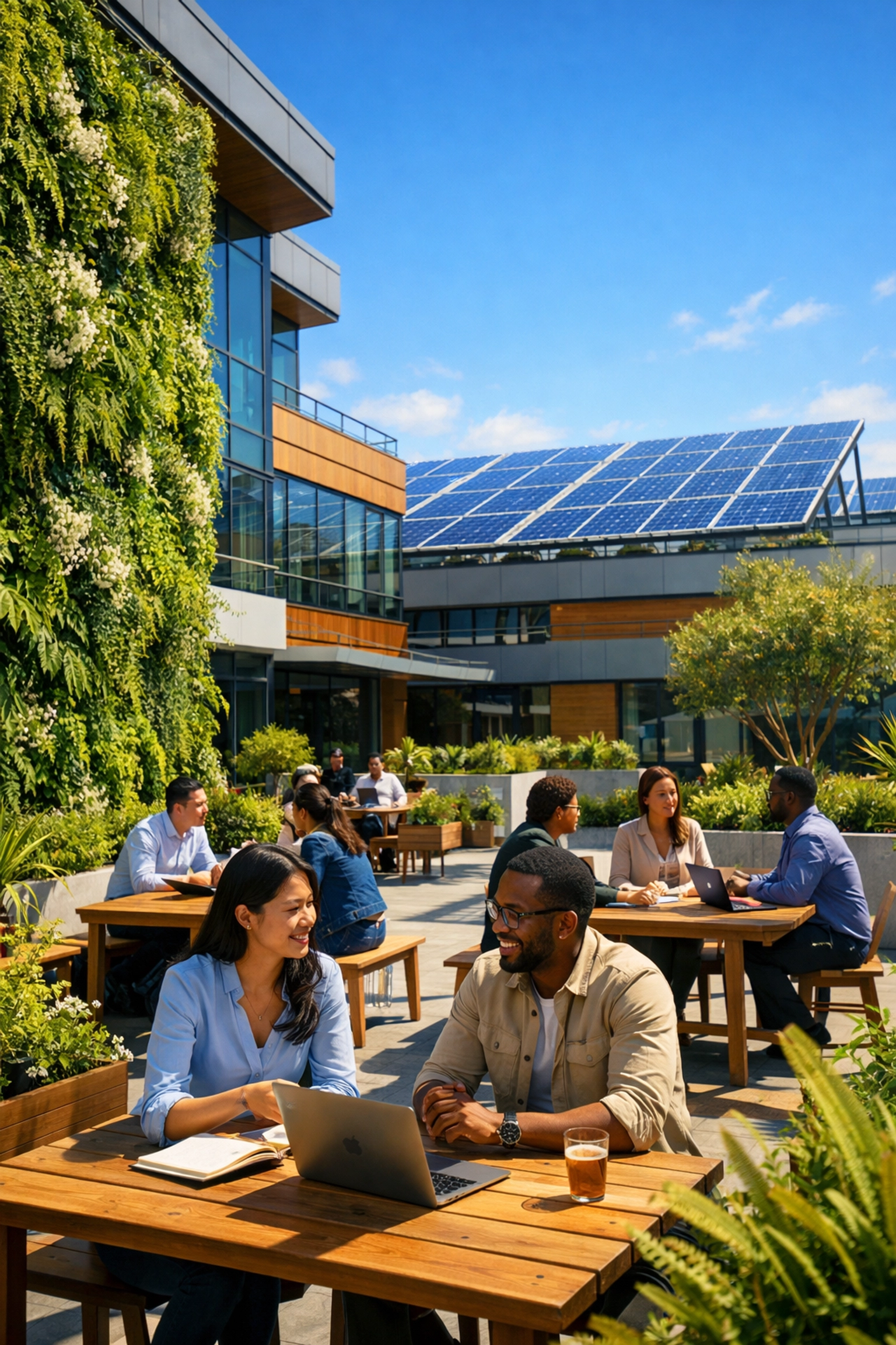 Sustainable modern office building featuring a commercial solar panel installation.