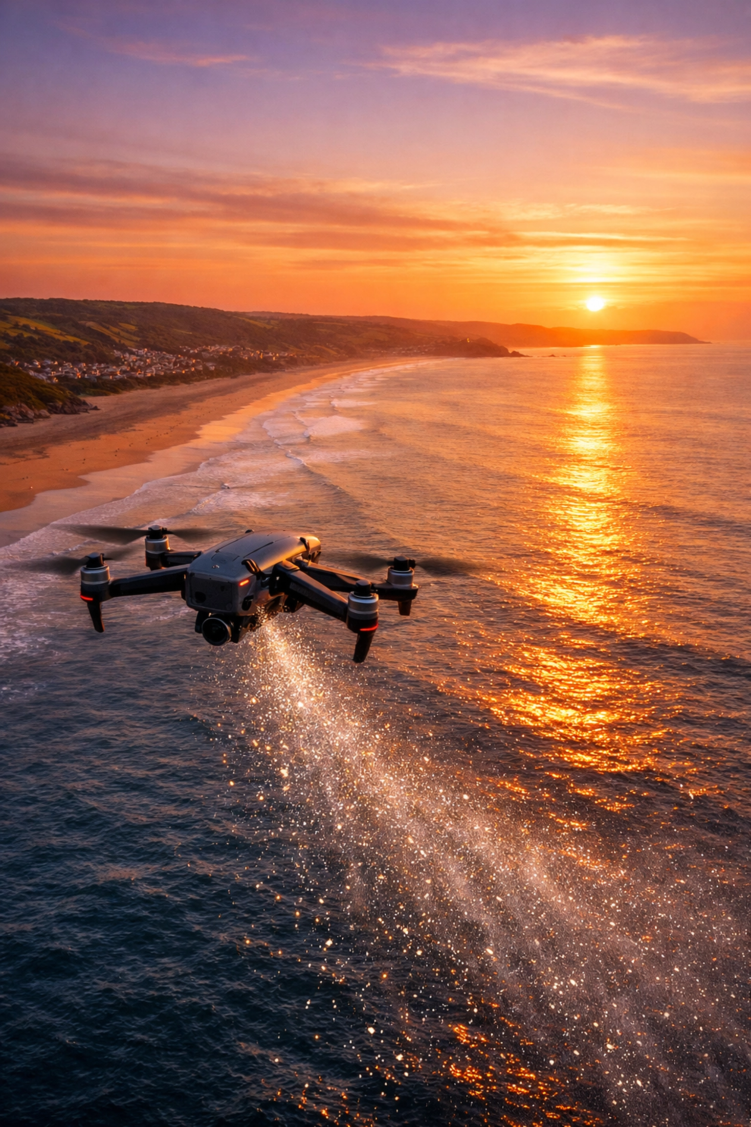 Drone scattering ashes over the Atlantic ocean at Woolacombe Beach in North Devon during a serene sunset.
