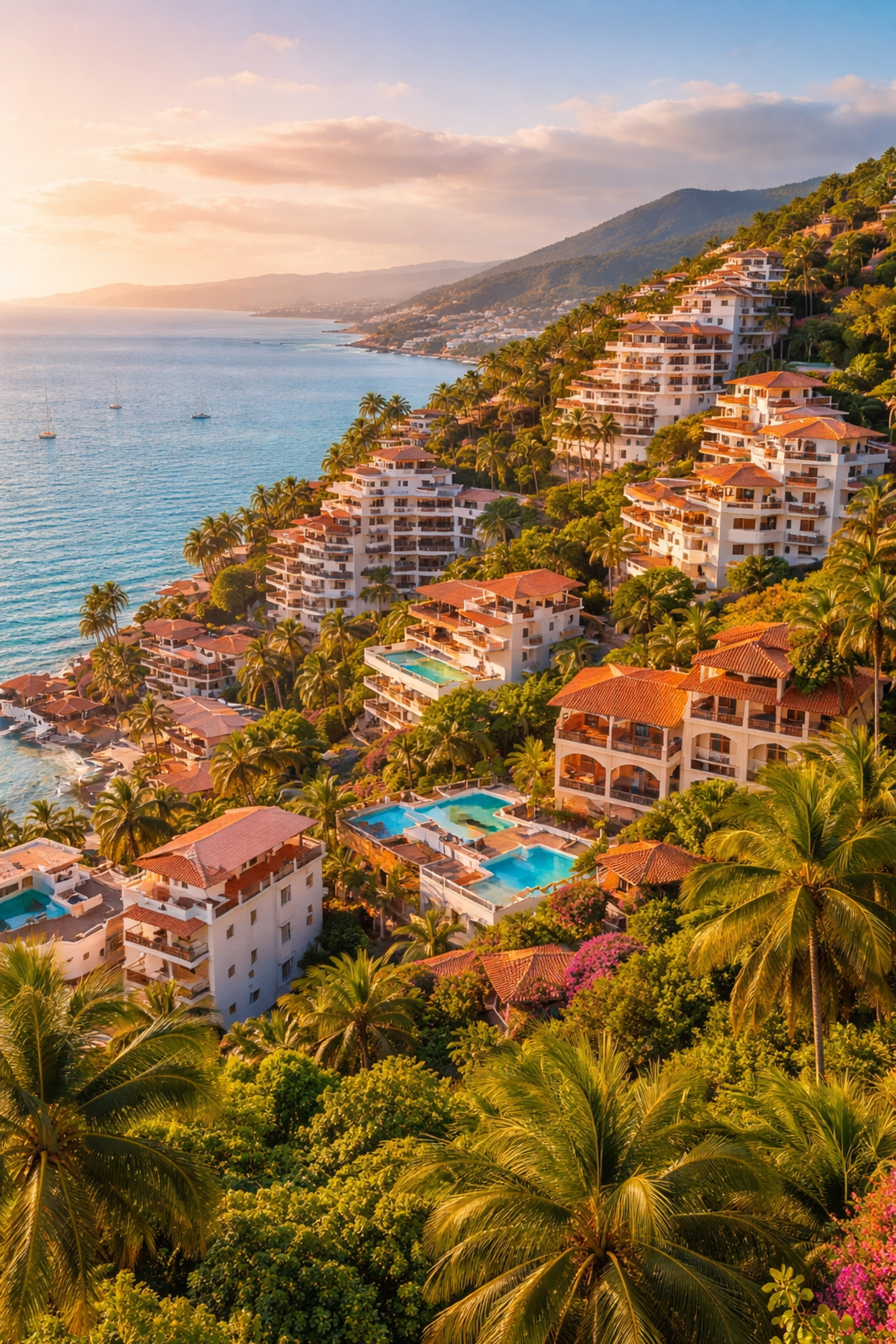 Aerial view of Amapas neighborhood in Puerto Vallarta with lush greenery and ocean views, showcasing ideal condo rental locations.