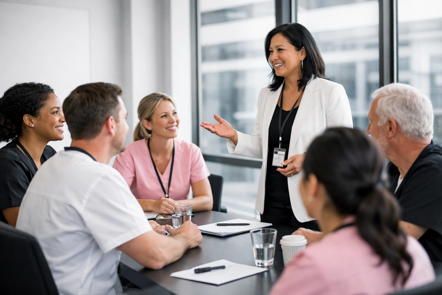 DON leading diverse nursing staff meeting in nursing home conference room