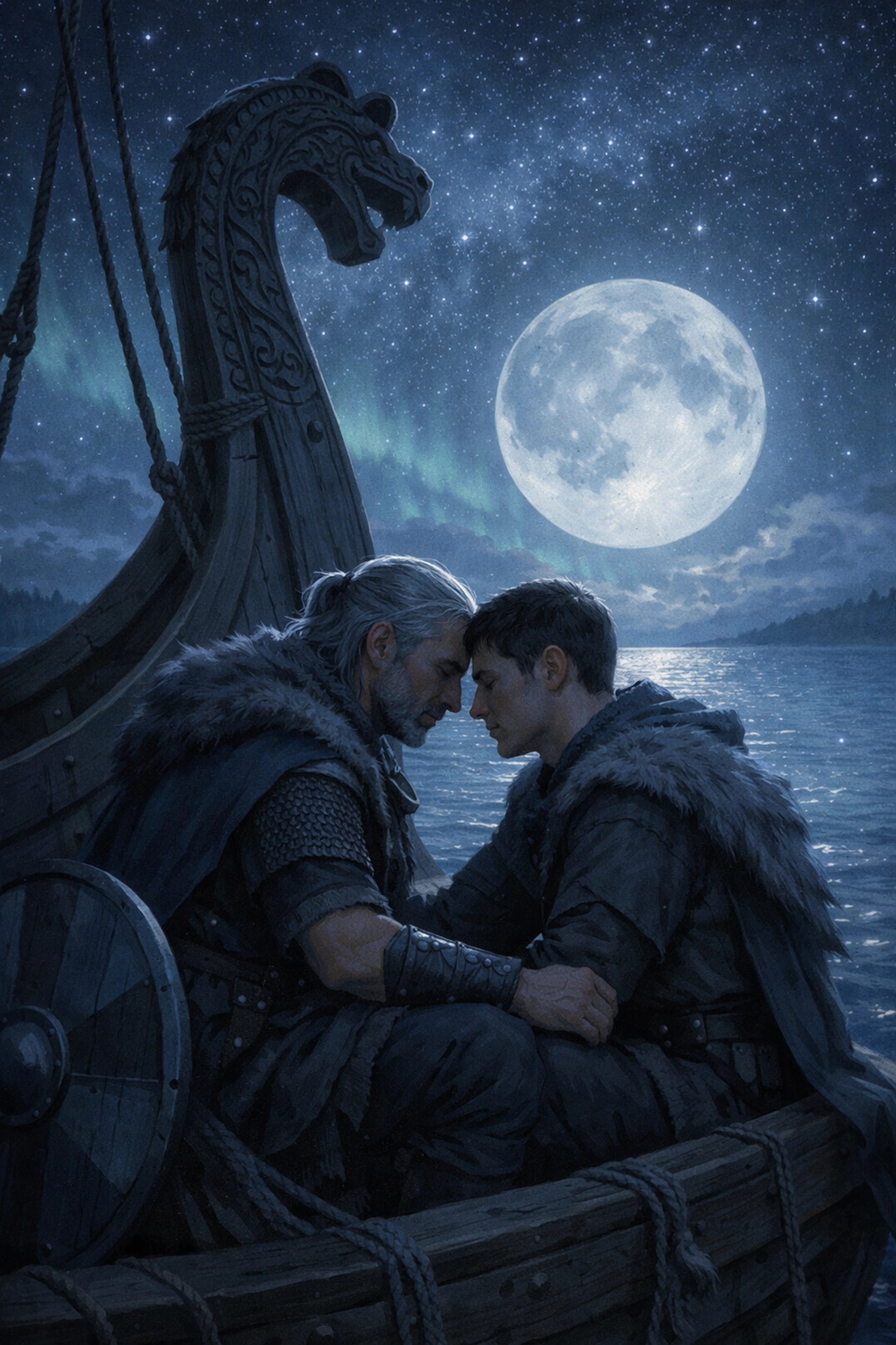 Viking warriors sharing intimate romantic moment under stars on ship prow - gay Norse love story