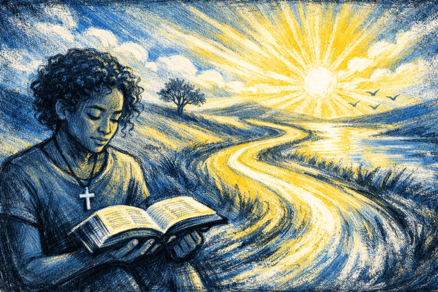 Person at crossroads choosing holiness and spiritual path with Bible