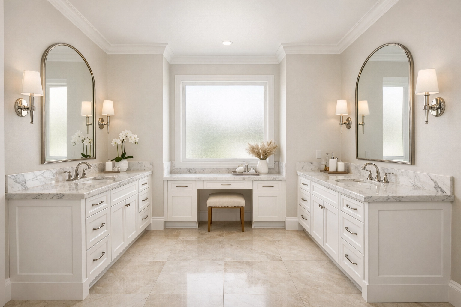 Luxury bathroom renovation Orlando with dual vanities and marble countertops showing high ROI potential