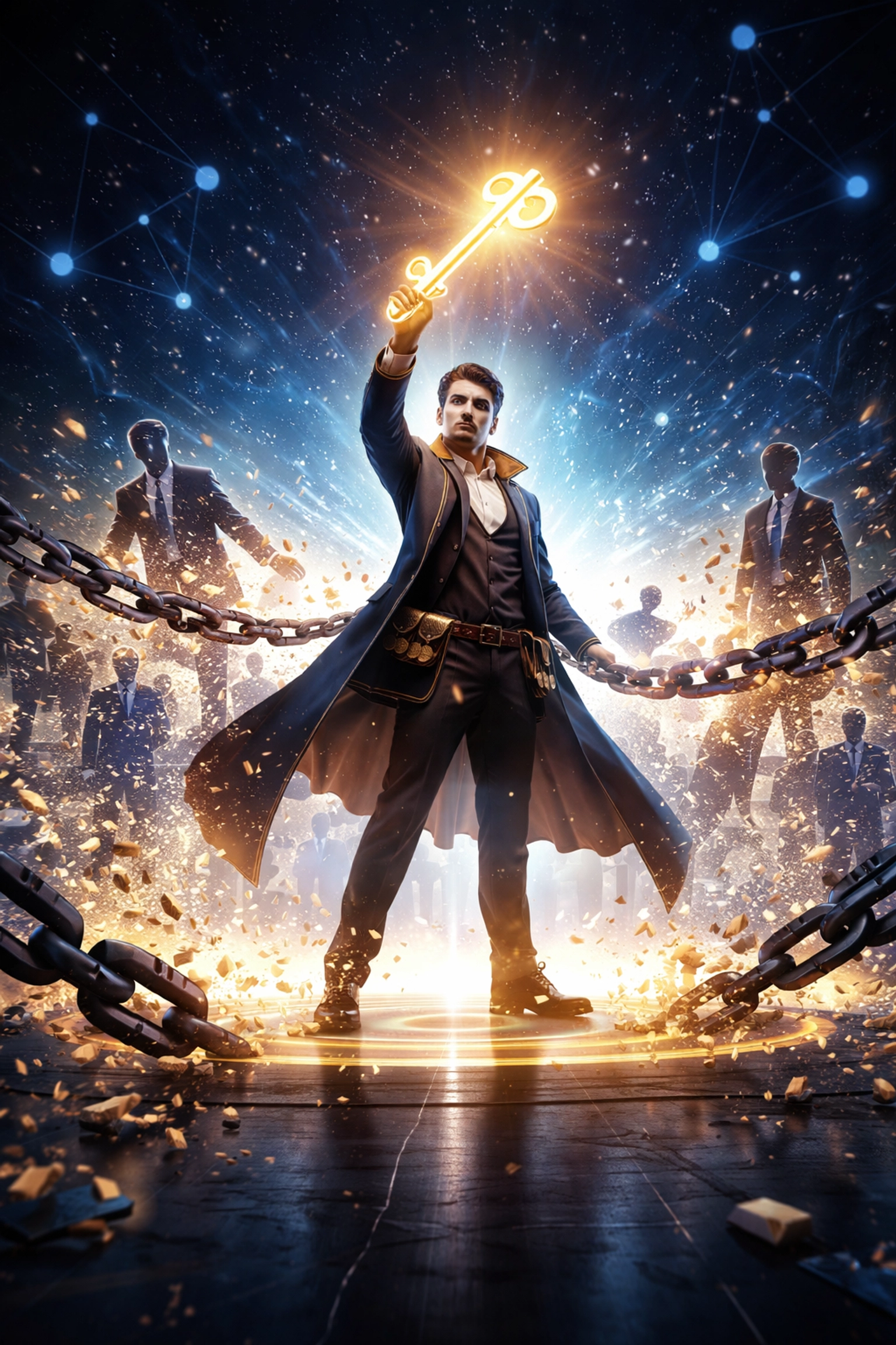 Empowered merchant breaking free from middlemen, symbolizing self-custody, independence, and lower interchange fees with decentralized crypto payments.