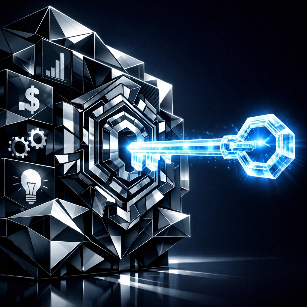 A digital key fitting into a complex lock, representing bespoke software solutions tailored to unique business needs.