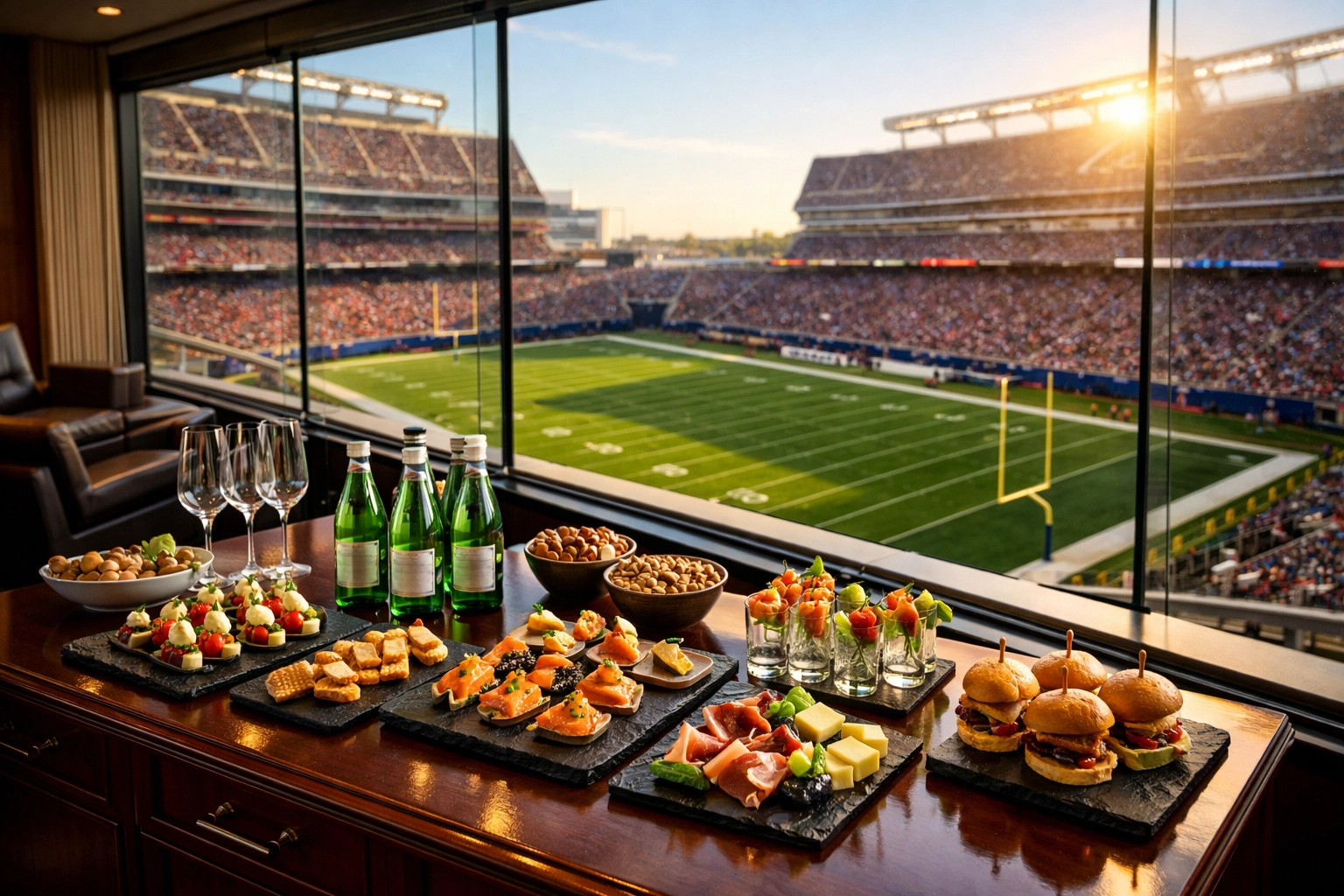 Gourmet corporate catering inside a luxury stadium suite overlooking the football field for Super Bowl VIP hosting.