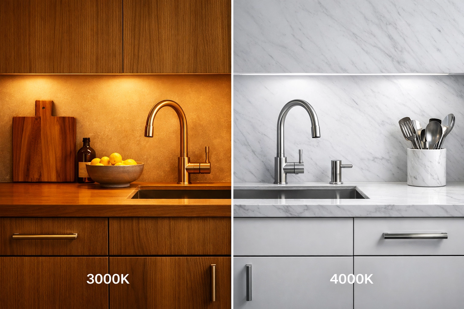 Comparison of 3000K warm white and 4000K neutral white LED color temperatures for under cabinet lighting.