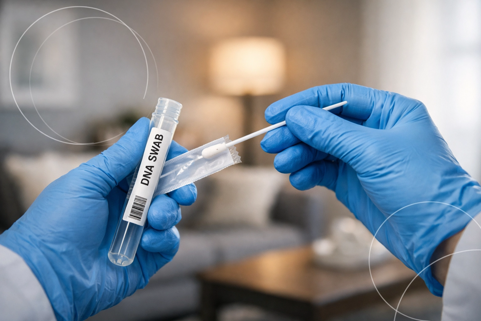 Professional RN preparing a sterile DNA cheek swab for mobile testing in a comfortable home setting.