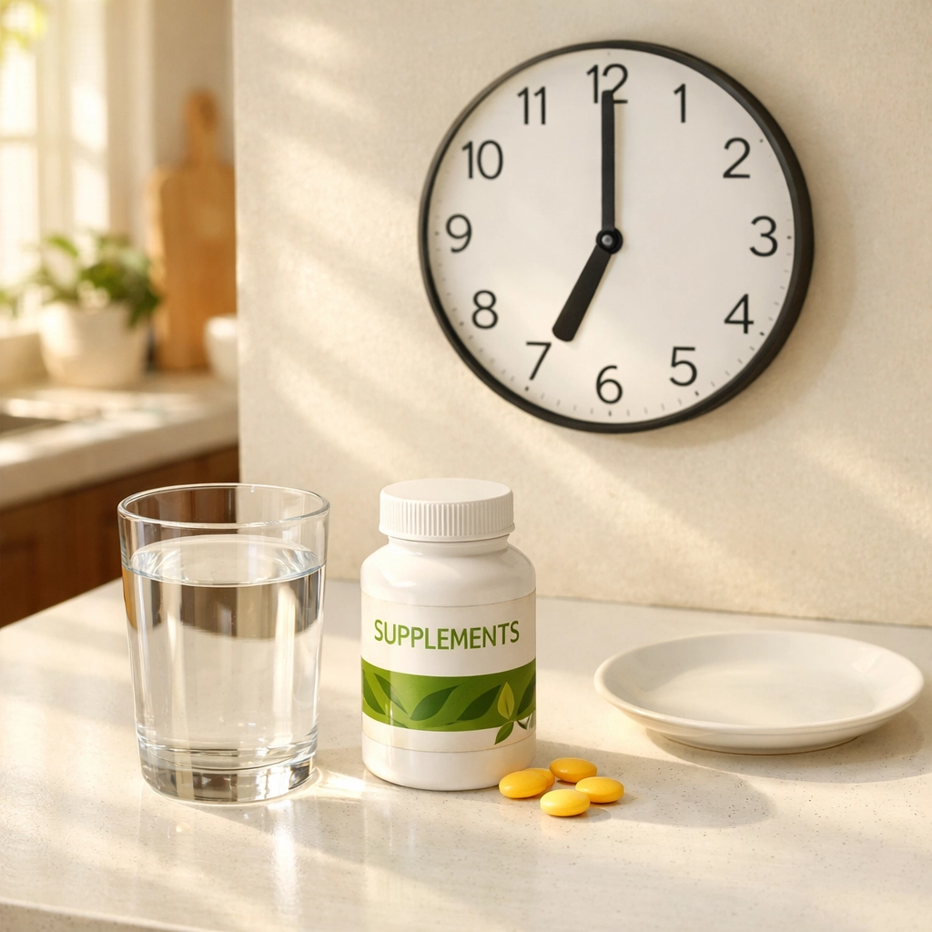 Morning routine with NMN supplement and water on empty stomach at 7 AM for optimal absorption