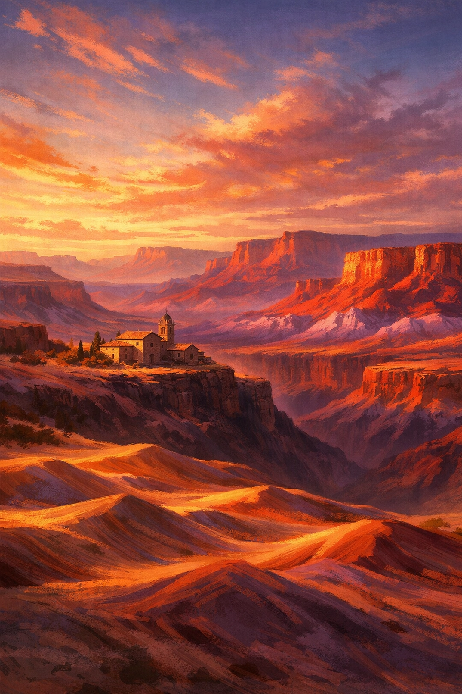 Painted Desert landscape at golden hour with stone monastery nestled at canyon edge in Arizona