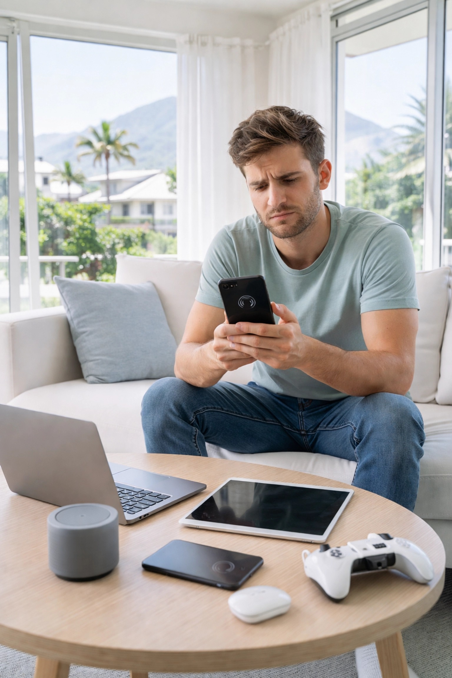 Frustrated person on a sofa in a modern Cape Town home surrounded by devices, struggling with slow WiFi speeds.