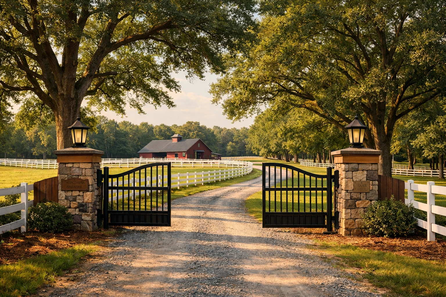 Elegant horse farm entrance with tree-lined driveway and white fencing in Waxhaw NC