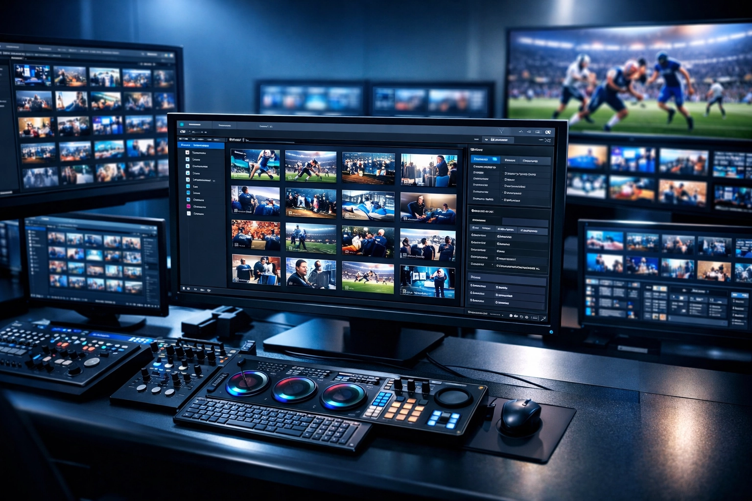 Centralized media asset management system displaying organized sports video content and libraries