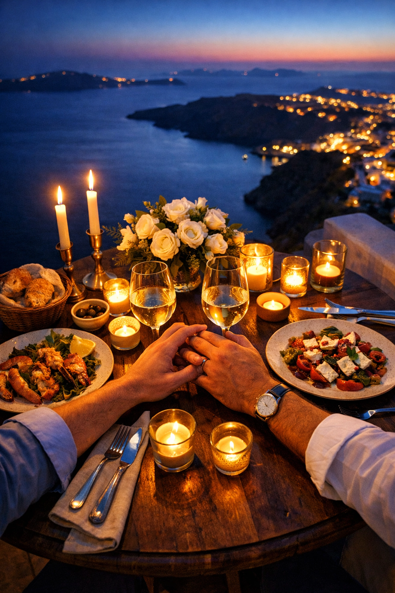 Romantic candlelit dinner for two overlooking Santorini caldera at twilight for gay couple celebration