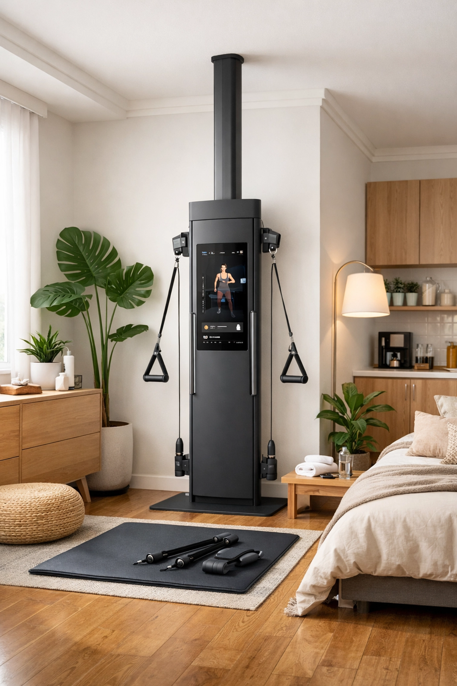 A sleek no wall damage workout system integrated into a modern studio apartment interior.