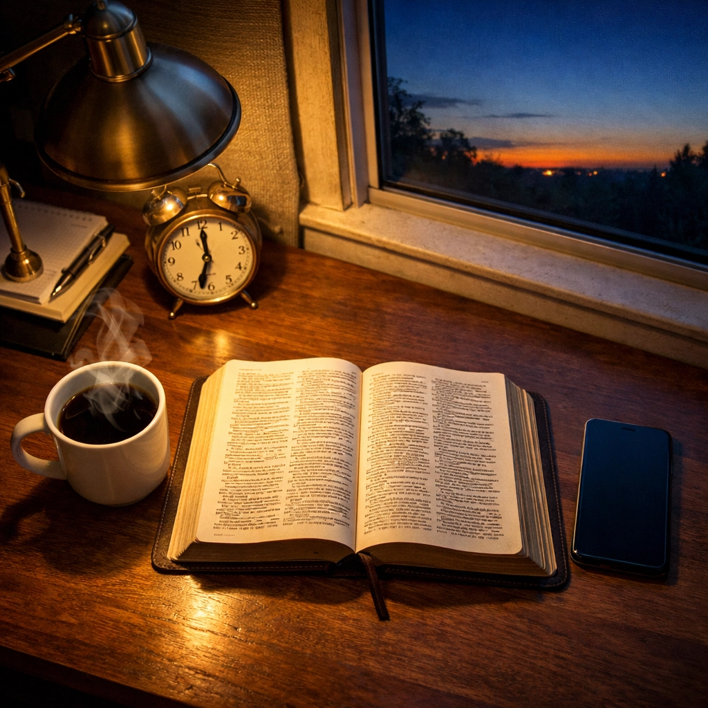 Early morning desk with open Bible, coffee, and phone set aside at 5 AM for peaceful news reading