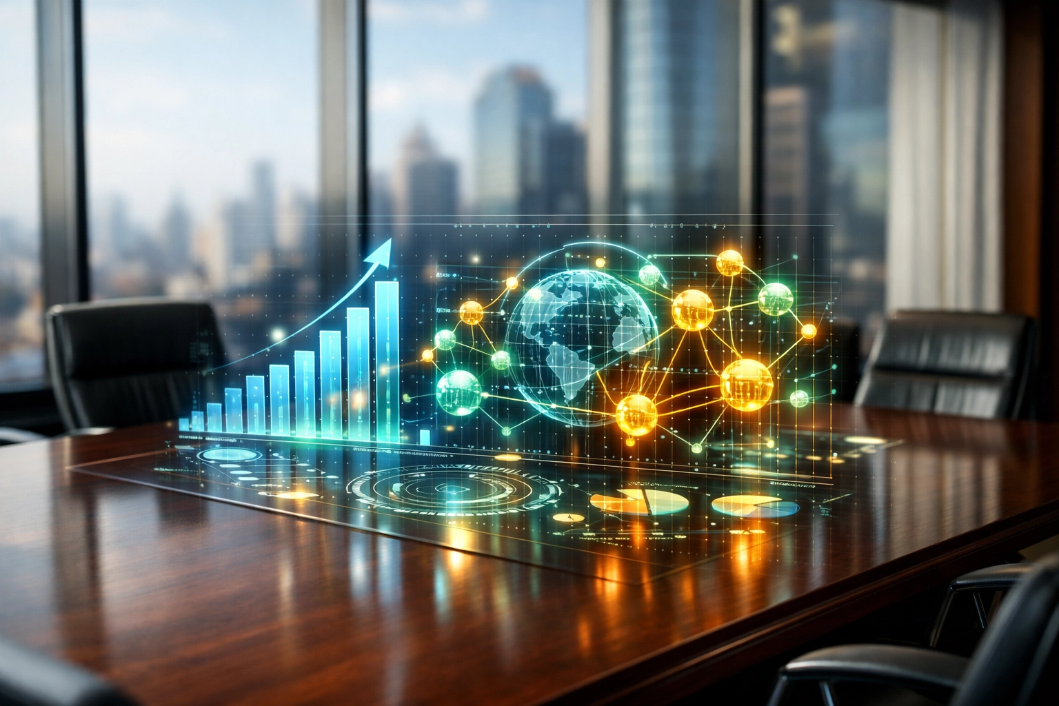 Digital analytics and charts displaying conversion tracking and SEO performance data in a modern office.