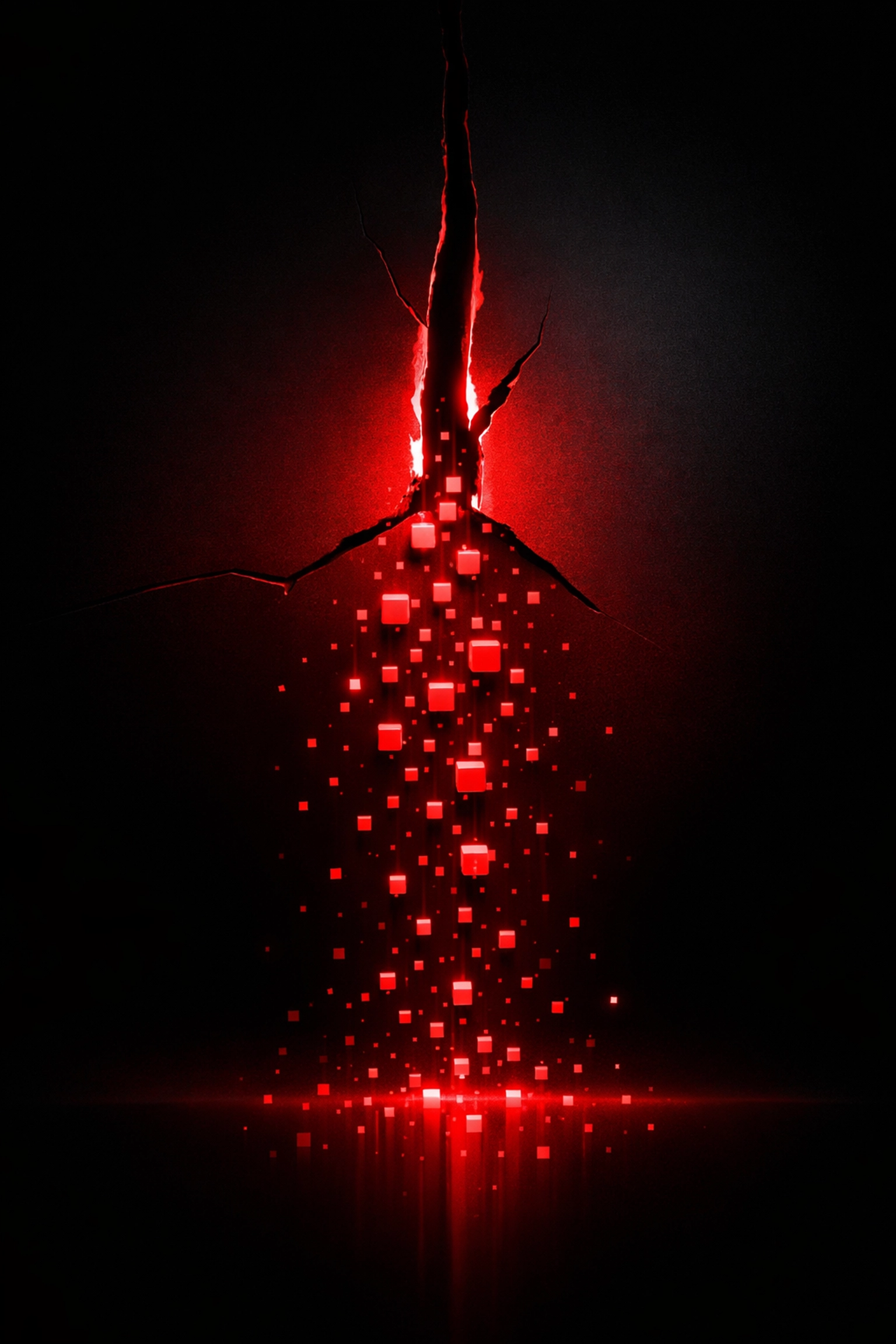 Digital data fragmentation and revenue leakage represented by glowing red binary particles on a dark background.