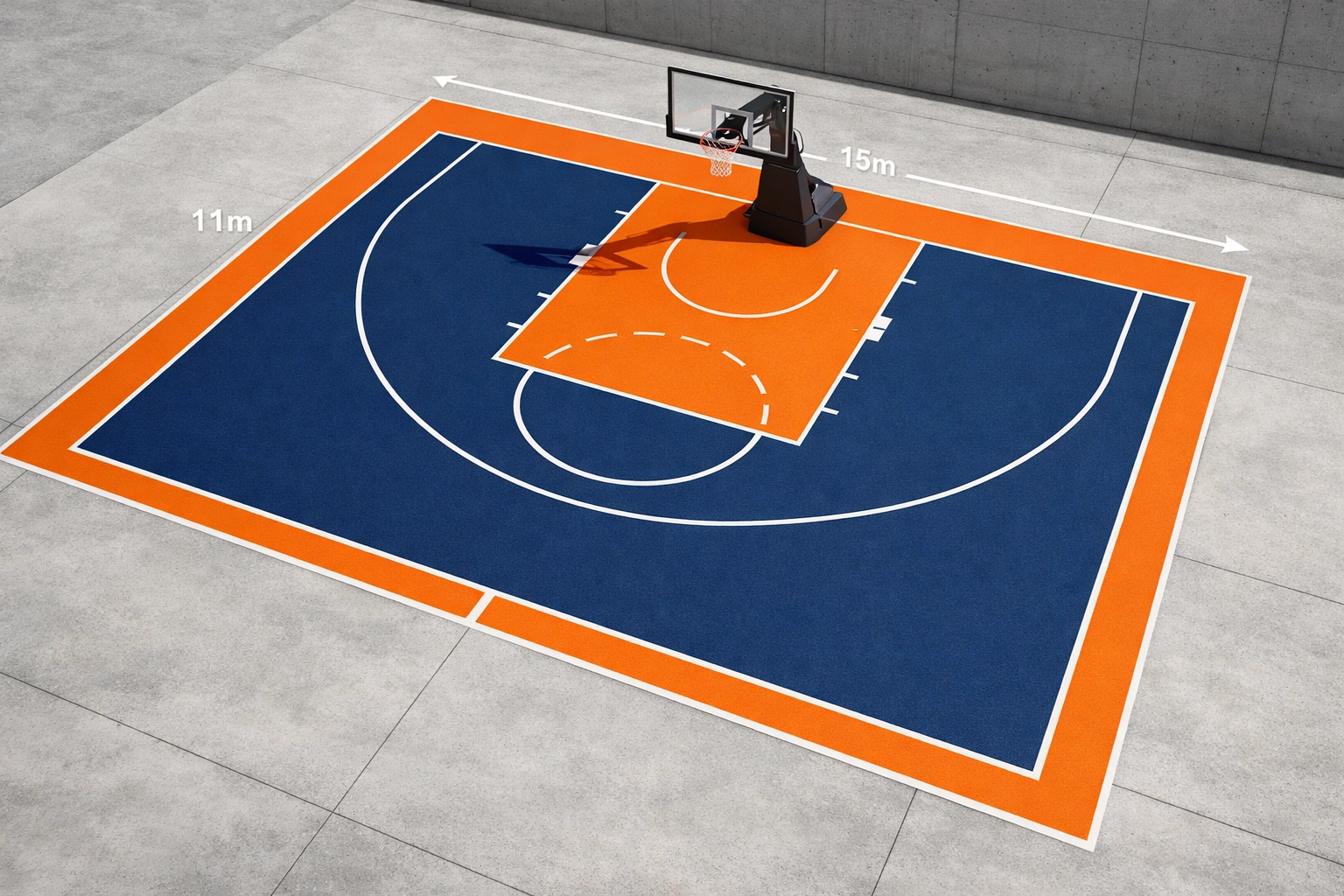 Professional 3x3 basketball court layout with navy and orange tiles and white FIBA-regulation markings.