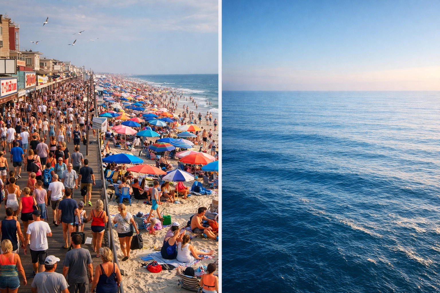 Contrast between crowded New Jersey beach and peaceful offshore Atlantic ceremony location