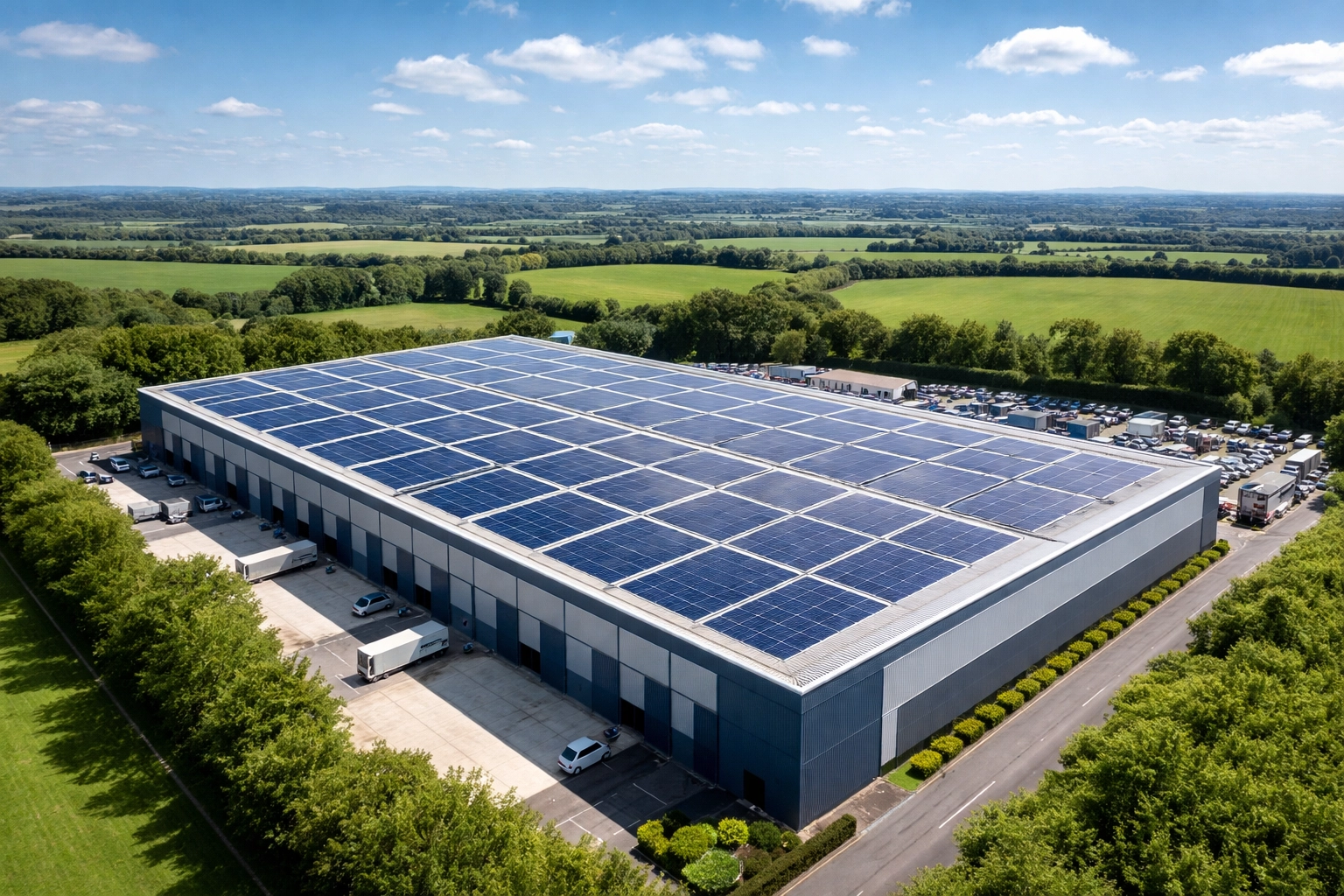 Aerial view of commercial solar panels on a business park rooftop in rural Dorset