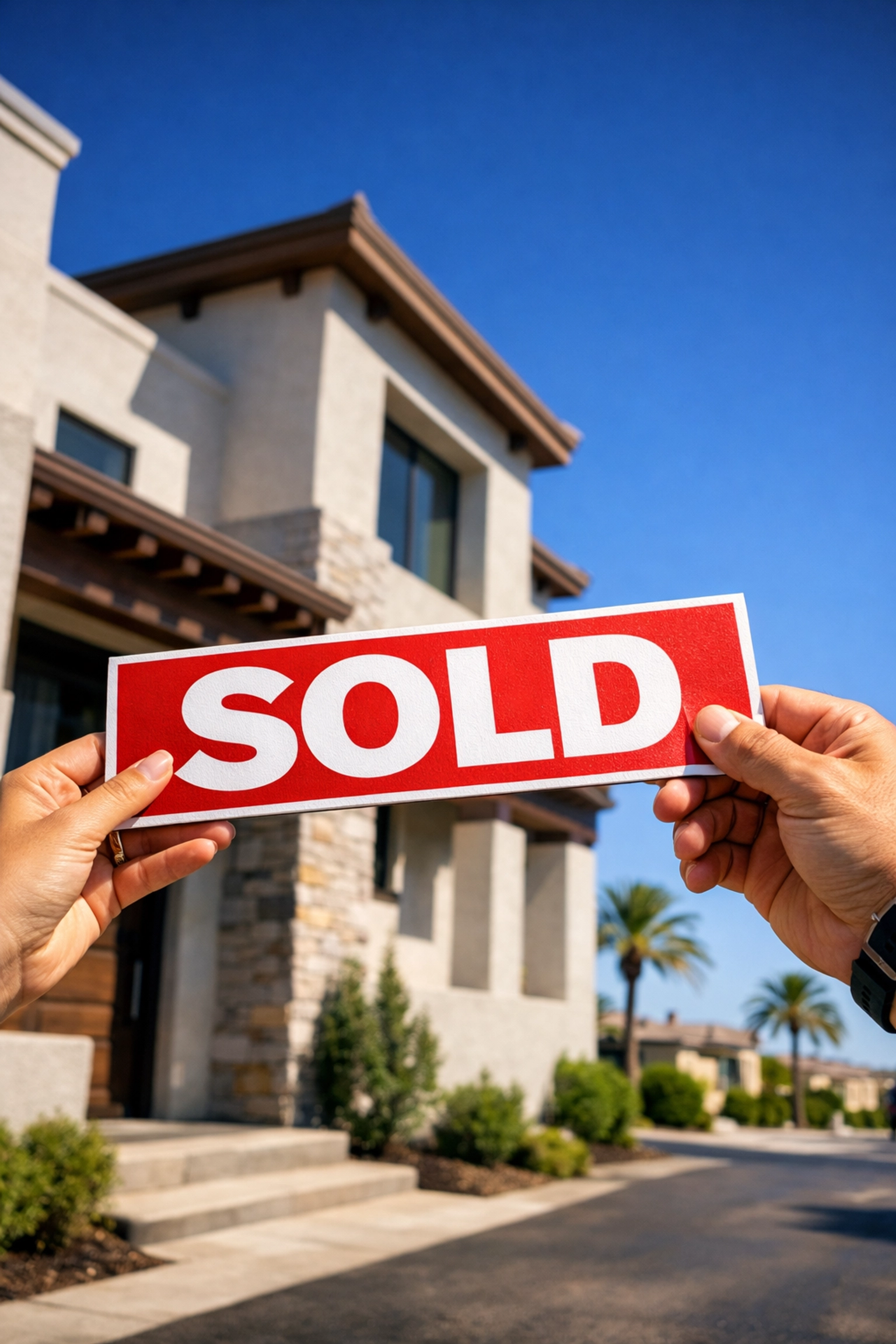 Home buyers holding a sold sign after winning a bidding war with mortgage pre-approval.