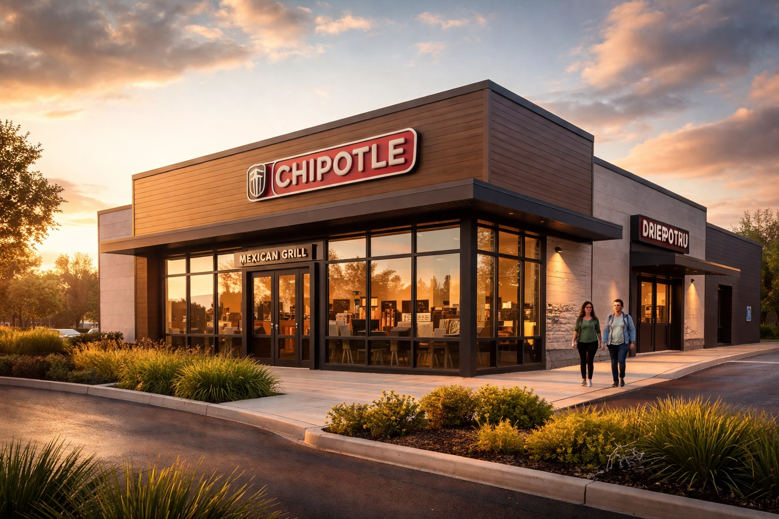 Modern Chipotle fast-casual restaurant exterior at sunset, highlighting expansion and growth trends in 2026