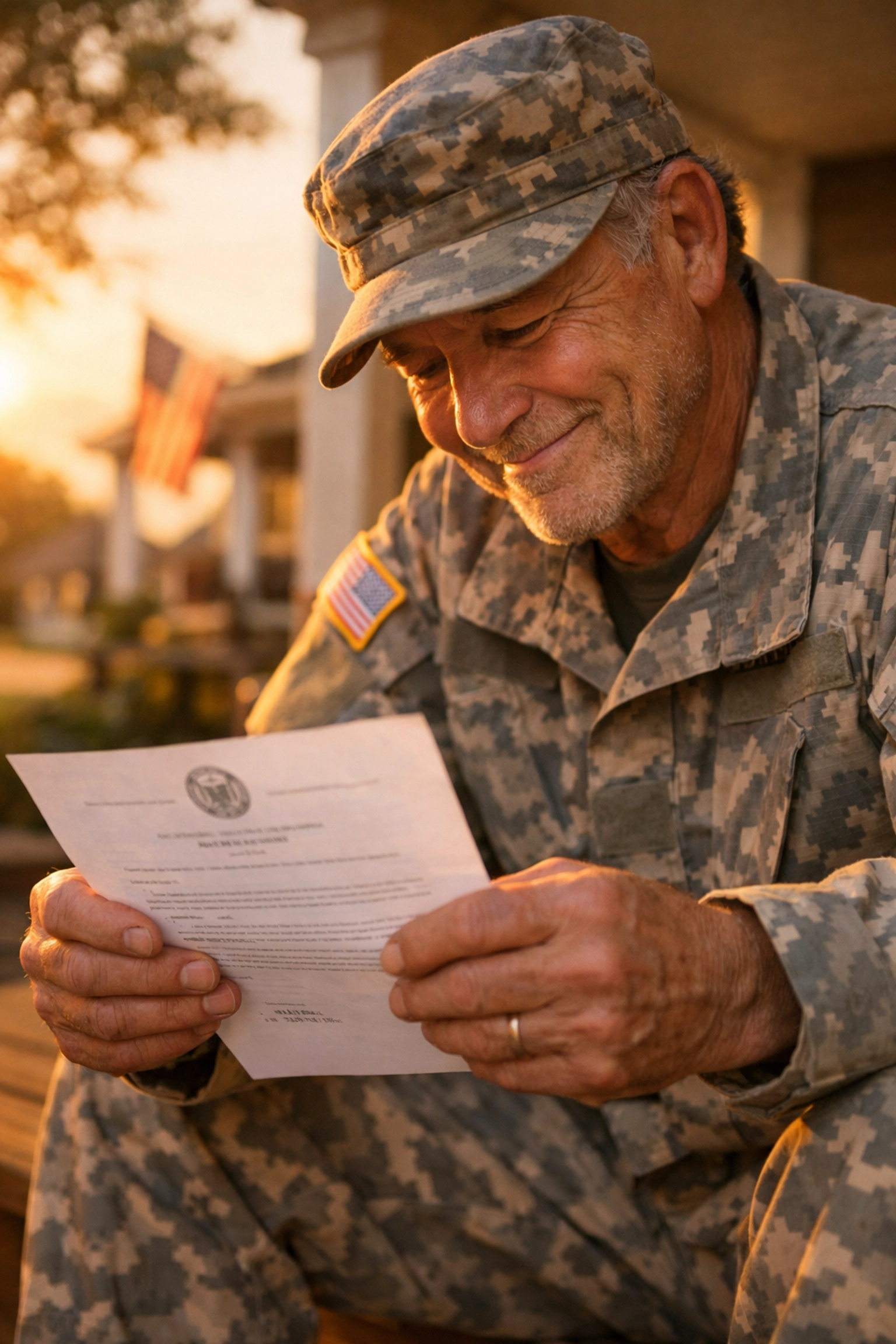 Relieved veteran holding a document after a successful VA disability rating increase.