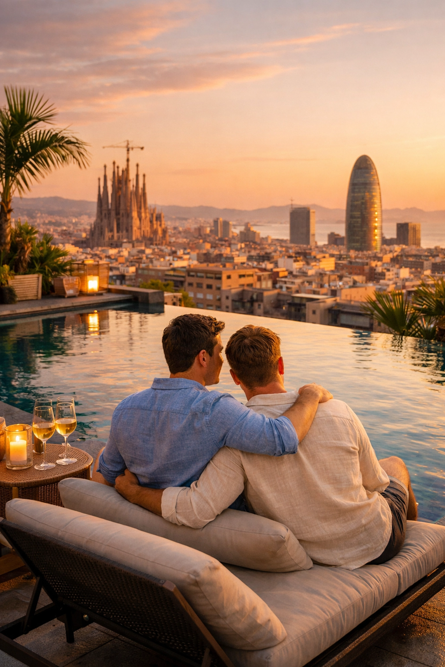 Gay couple relaxing at luxury rooftop pool during Barcelona honeymoon celebration
